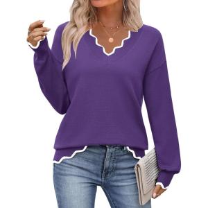image:imageZeagoo Womens 2026 Fall V Neck Sweater Casual Long Sleeve Lightweight Ribbed Knit Pullover Sweaters Dressy Casual TopsPurple