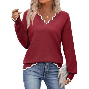 image:imageZeagoo Womens 2026 Fall V Neck Sweater Casual Long Sleeve Lightweight Ribbed Knit Pullover Sweaters Dressy Casual TopsWine Red