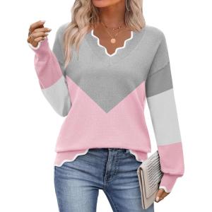 image:imageZeagoo Womens 2026 Fall V Neck Sweater Casual Long Sleeve Lightweight Ribbed Knit Pullover Sweaters Dressy Casual TopsY Grey  Pink