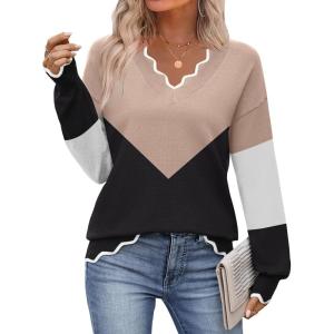 image:imageZeagoo Womens 2026 Fall V Neck Sweater Casual Long Sleeve Lightweight Ribbed Knit Pullover Sweaters Dressy Casual TopsY Khaki  Black