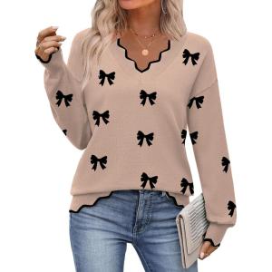 image:imageZeagoo Womens 2026 Fall V Neck Sweater Casual Long Sleeve Lightweight Ribbed Knit Pullover Sweaters Dressy Casual TopsZ  Bow Khaki