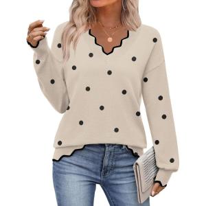image:imageZeagoo Womens 2026 Fall V Neck Sweater Casual Long Sleeve Lightweight Ribbed Knit Pullover Sweaters Dressy Casual TopsZ  Polka Dot