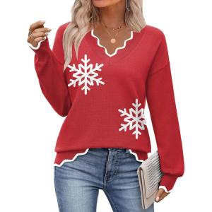 image:imageZeagoo Womens 2026 Fall V Neck Sweater Casual Long Sleeve Lightweight Ribbed Knit Pullover Sweaters Dressy Casual TopsZ  Snowflakes