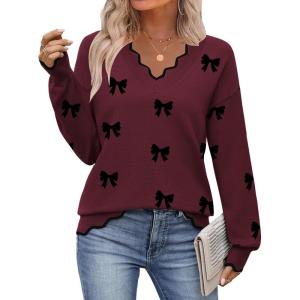 image:imageZeagoo Womens 2026 Fall V Neck Sweater Casual Long Sleeve Lightweight Ribbed Knit Pullover Sweaters Dressy Casual TopsZ Bow Burgundy
