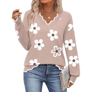 image:imageZeagoo Womens 2026 Fall V Neck Sweater Casual Long Sleeve Lightweight Ribbed Knit Pullover Sweaters Dressy Casual TopsZ Flower Khaki