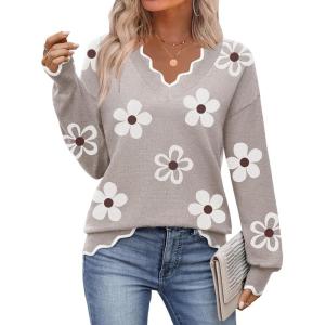 image:imageZeagoo Womens 2026 Fall V Neck Sweater Casual Long Sleeve Lightweight Ribbed Knit Pullover Sweaters Dressy Casual TopsZ Flower White