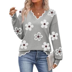 image:imageZeagoo Womens 2026 Fall V Neck Sweater Casual Long Sleeve Lightweight Ribbed Knit Pullover Sweaters Dressy Casual TopsZ Flowers Grey
