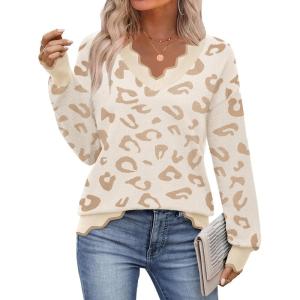 image:imageZeagoo Womens 2026 Fall V Neck Sweater Casual Long Sleeve Lightweight Ribbed Knit Pullover Sweaters Dressy Casual TopsZ Leopard Print