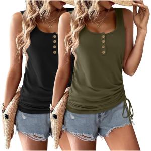 image:imageZeagoo Womens 2026 Tank Tops 2 Pack U Neck Summer Sleeveless Tops Loose Fit Button Casual Henley ShirtsBlackarmy Green