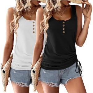 image:imageZeagoo Womens 2026 Tank Tops 2 Pack U Neck Summer Sleeveless Tops Loose Fit Button Casual Henley ShirtsBlackwhite