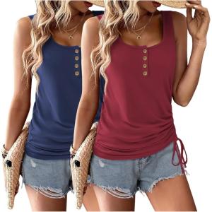 image:imageZeagoo Womens 2026 Tank Tops 2 Pack U Neck Summer Sleeveless Tops Loose Fit Button Casual Henley ShirtsDeep Navywine Red