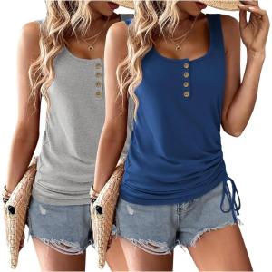 image:imageZeagoo Womens 2026 Tank Tops 2 Pack U Neck Summer Sleeveless Tops Loose Fit Button Casual Henley ShirtsNavygrey