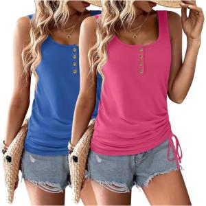 image:imageZeagoo Womens 2026 Tank Tops 2 Pack U Neck Summer Sleeveless Tops Loose Fit Button Casual Henley ShirtsRoyal Bluerose Red