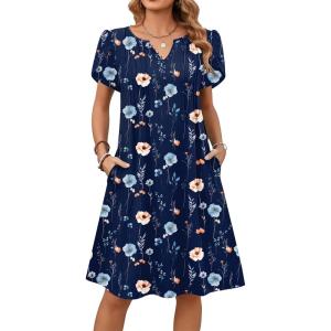 image:imageZeagoo Womens Casual Dresses with Pockets Summer Floral VNeck ALine Tshirt Dress Short Sleeve Mini Dress Beach SundressA02navy Blue Floral