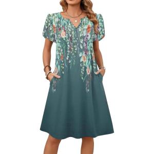 image:imageZeagoo Womens Casual Dresses with Pockets Summer Floral VNeck ALine Tshirt Dress Short Sleeve Mini Dress Beach SundressGraygreen Floral