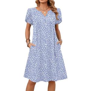 image:imageZeagoo Womens Casual Dresses with Pockets Summer Floral VNeck ALine Tshirt Dress Short Sleeve Mini Dress Beach SundressGrey Bluewhite