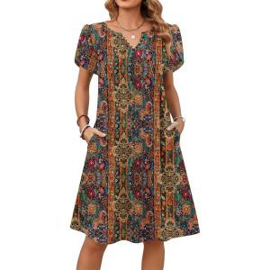 image:imageZeagoo Womens Casual Dresses with Pockets Summer Floral VNeck ALine Tshirt Dress Short Sleeve Mini Dress Beach SundressMulticolor