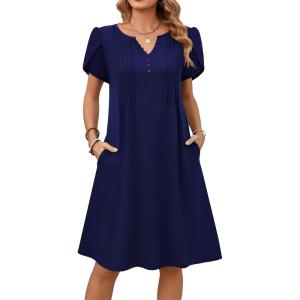 image:imageZeagoo Womens Casual Dresses with Pockets Summer Floral VNeck ALine Tshirt Dress Short Sleeve Mini Dress Beach SundressNavy Blue