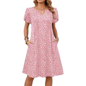 image:imageZeagoo Womens Casual Dresses with Pockets Summer Floral VNeck ALine Tshirt Dress Short Sleeve Mini Dress Beach SundressPinkwhite
