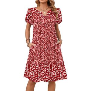 image:imageZeagoo Womens Casual Dresses with Pockets Summer Floral VNeck ALine Tshirt Dress Short Sleeve Mini Dress Beach SundressRed White Floral