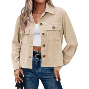 image:imageZeagoo Womens Fashion Cropped Corduroy Shackets Button Down Jackets Tops Fall Trendy Lightweight Long Sleeve ShirtsApricot