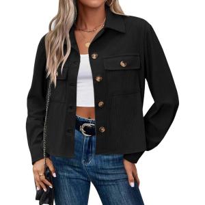 image:imageZeagoo Womens Fashion Cropped Corduroy Shackets Button Down Jackets Tops Fall Trendy Lightweight Long Sleeve ShirtsBlack
