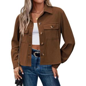 image:imageZeagoo Womens Fashion Cropped Corduroy Shackets Button Down Jackets Tops Fall Trendy Lightweight Long Sleeve ShirtsBrown