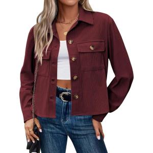 image:imageZeagoo Womens Fashion Cropped Corduroy Shackets Button Down Jackets Tops Fall Trendy Lightweight Long Sleeve ShirtsBurgundy