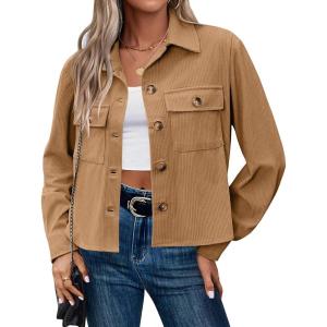 image:imageZeagoo Womens Fashion Cropped Corduroy Shackets Button Down Jackets Tops Fall Trendy Lightweight Long Sleeve ShirtsCamel