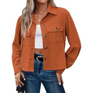 image:imageZeagoo Womens Fashion Cropped Corduroy Shackets Button Down Jackets Tops Fall Trendy Lightweight Long Sleeve ShirtsCaramel