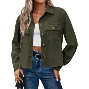 image:imageZeagoo Womens Fashion Cropped Corduroy Shackets Button Down Jackets Tops Fall Trendy Lightweight Long Sleeve ShirtsDark Green