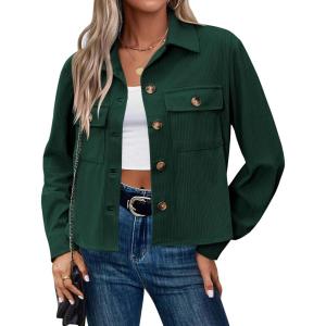 image:imageZeagoo Womens Fashion Cropped Corduroy Shackets Button Down Jackets Tops Fall Trendy Lightweight Long Sleeve ShirtsGreen