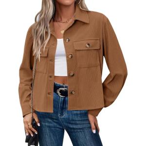 image:imageZeagoo Womens Fashion Cropped Corduroy Shackets Button Down Jackets Tops Fall Trendy Lightweight Long Sleeve ShirtsLight Brown