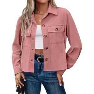 image:imageZeagoo Womens Fashion Cropped Corduroy Shackets Button Down Jackets Tops Fall Trendy Lightweight Long Sleeve ShirtsPink