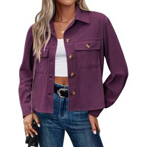 image:imageZeagoo Womens Fashion Cropped Corduroy Shackets Button Down Jackets Tops Fall Trendy Lightweight Long Sleeve ShirtsPurple