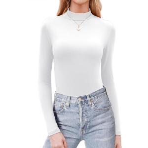 image:imageZeagoo Womens Long Sleeve Shirts Mock Neck Basic Slim Fitted Tops Lightweight Stretch Base Layer TShirtA White