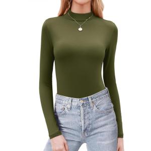 image:imageZeagoo Womens Long Sleeve Shirts Mock Neck Basic Slim Fitted Tops Lightweight Stretch Base Layer TShirtArmy Green