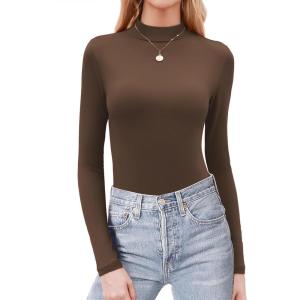 image:imageZeagoo Womens Long Sleeve Shirts Mock Neck Basic Slim Fitted Tops Lightweight Stretch Base Layer TShirtBrown