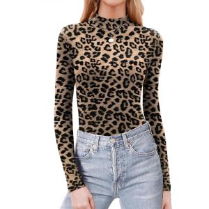 image:imageZeagoo Womens Long Sleeve Shirts Mock Neck Basic Slim Fitted Tops Lightweight Stretch Base Layer TShirtLeopard