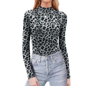 image:imageZeagoo Womens Long Sleeve Shirts Mock Neck Basic Slim Fitted Tops Lightweight Stretch Base Layer TShirtLeopard Grey