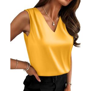 image:imageZeagoo Womens Silk Satin Camisole Tank Tops V Neck Pleated Dressy Casual Sleeveless Blouses Summer Business Work ShirtsYellow