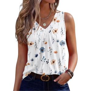 image:imageZeagoo Womens Tank Tops Summer Sleeveless Loose Fit Tops V Neck Pleated Shirts Basic Tees Dressy Casual Trendy ClothesBf290flower White
