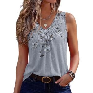 image:imageZeagoo Womens Tank Tops Summer Sleeveless Loose Fit Tops V Neck Pleated Shirts Basic Tees Dressy Casual Trendy ClothesDh62flower Gray