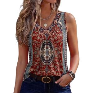 image:imageZeagoo Womens Tank Tops Summer Sleeveless Loose Fit Tops V Neck Pleated Shirts Basic Tees Dressy Casual Trendy ClothesMz870red Print