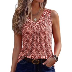 image:imageZeagoo Womens Tank Tops Summer Sleeveless Loose Fit Tops V Neck Pleated Shirts Basic Tees Dressy Casual Trendy ClothesXh555red Floral Fragments
