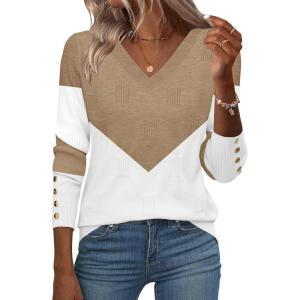 image:imageZeagoo Womens V Neck Sweaters Shirts Long Sleeve Lightweight Ribbed Knit Pullover Sweater Blouse Tops with Buttons OufitsCkhaki White