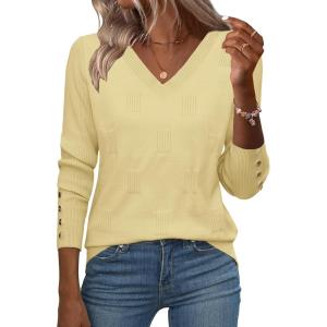 image:imageZeagoo Womens V Neck Sweaters Shirts Long Sleeve Lightweight Ribbed Knit Pullover Sweater Blouse Tops with Buttons OufitsCream Yellow
