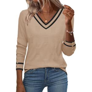 image:imageZeagoo Womens V Neck Sweaters Shirts Long Sleeve Lightweight Ribbed Knit Pullover Sweater Blouse Tops with Buttons OufitsKhakiblack