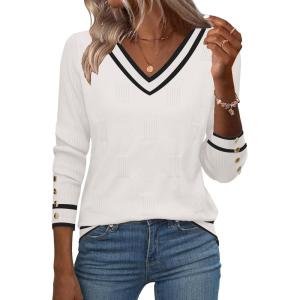 image:imageZeagoo Womens V Neck Sweaters Shirts Long Sleeve Lightweight Ribbed Knit Pullover Sweater Blouse Tops with Buttons OufitsWhiteblack