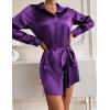 image:imageZeagoo Womens Stain Long Sleeve Dress Button Down Shirts Tunic Dresses Casual VNeck Mini Dress with BeltDeep Purple